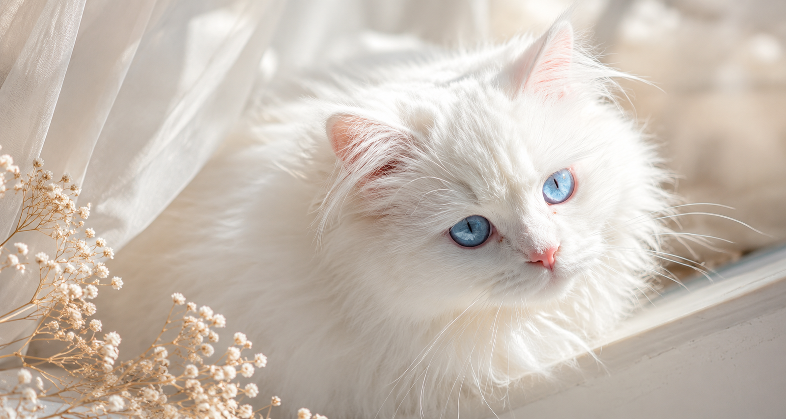 Aura de la Chatterie de Nice, femelle Chat Sibérien blanche aux yeux bleus