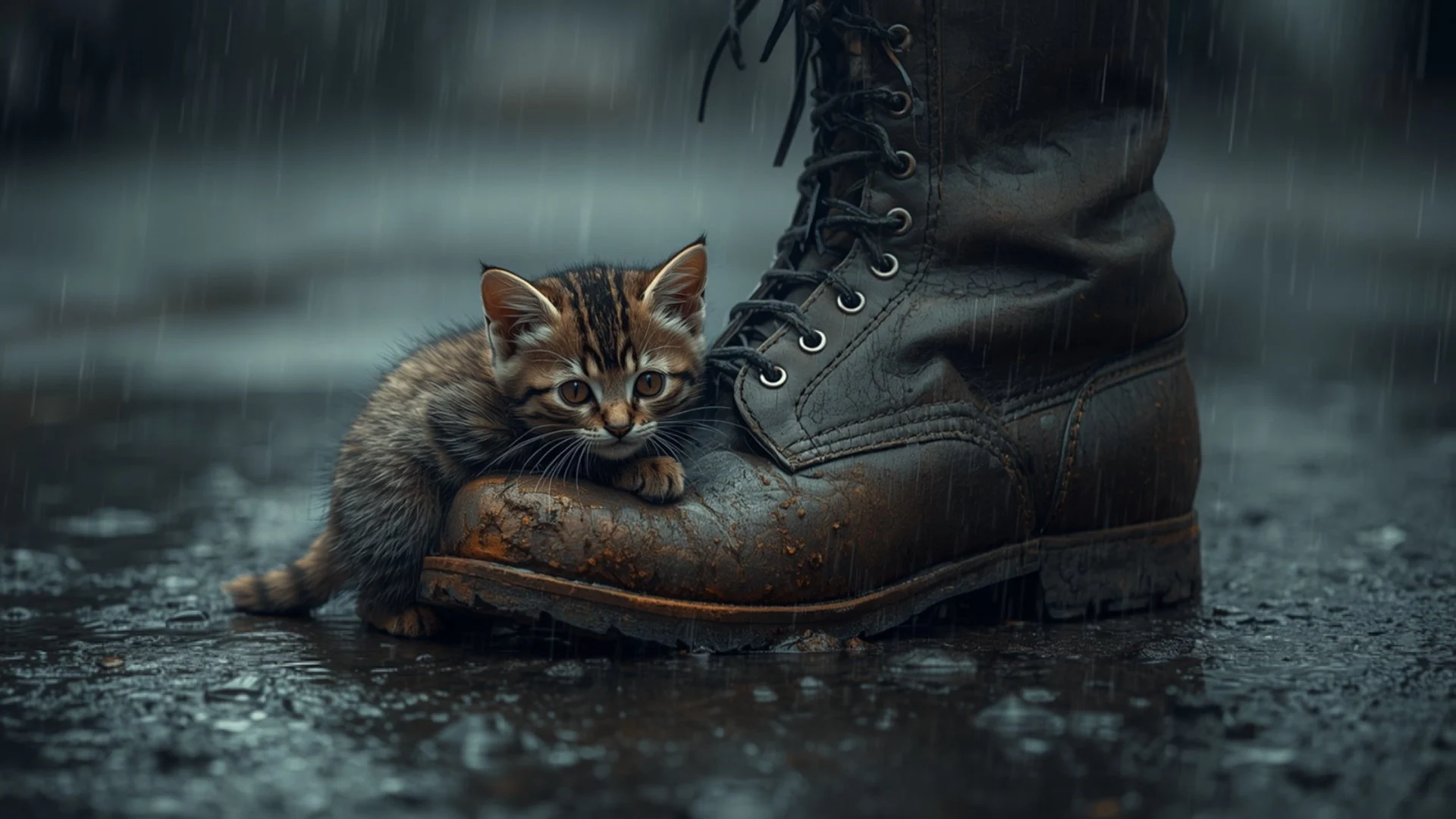 Chaton abandonné sous la pluie, blotti sur une botte — illustration