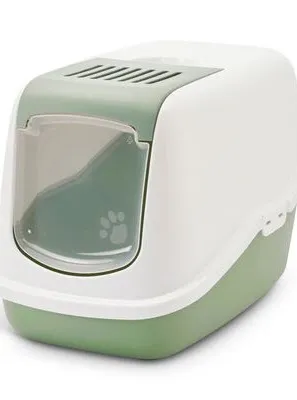 Maison de toilette fermée pour chat, blanche et verte, avec porte battante