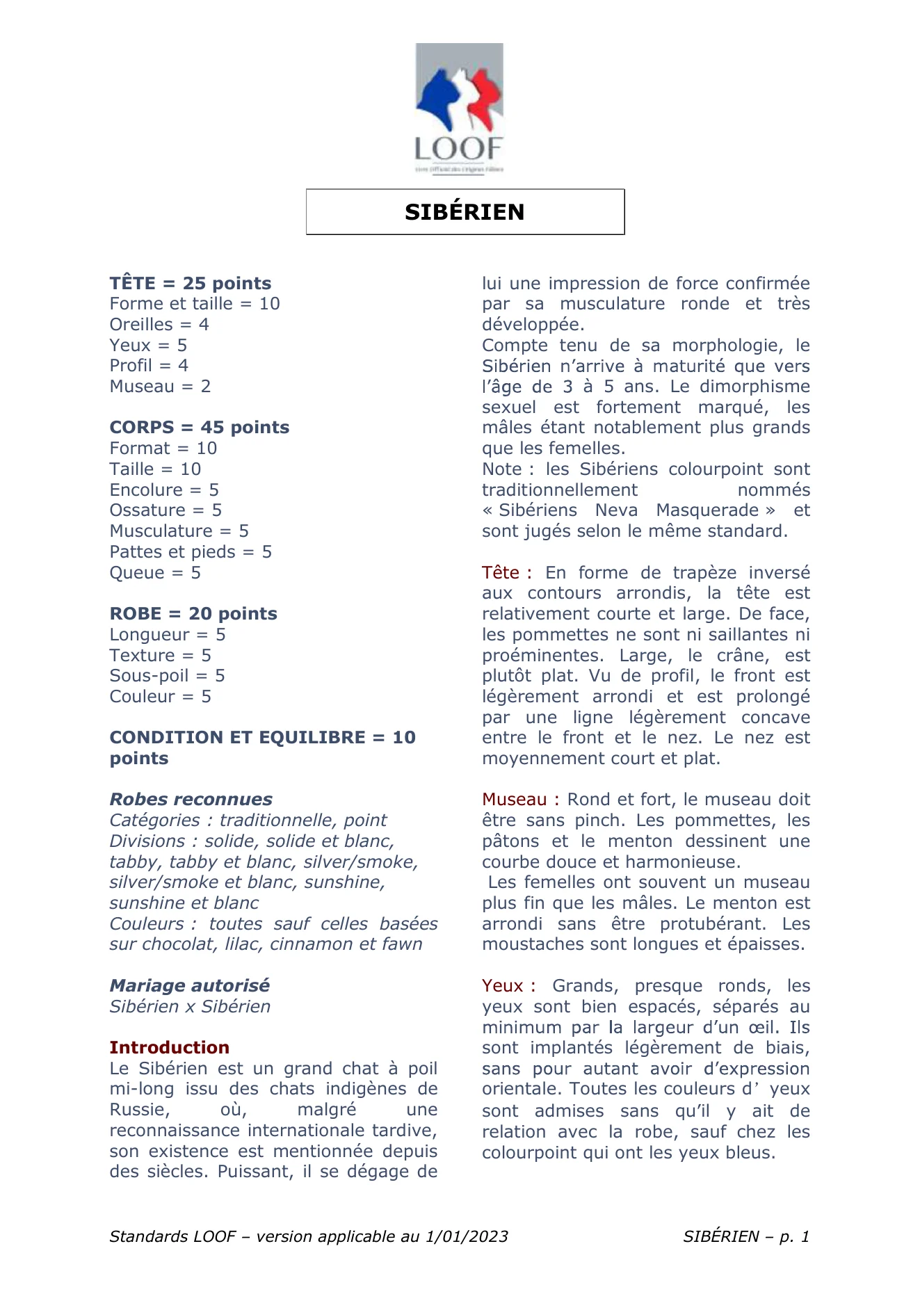 Standard officiel LOOF du Chat Sibérien, page 1 : morphologie et répartition des points