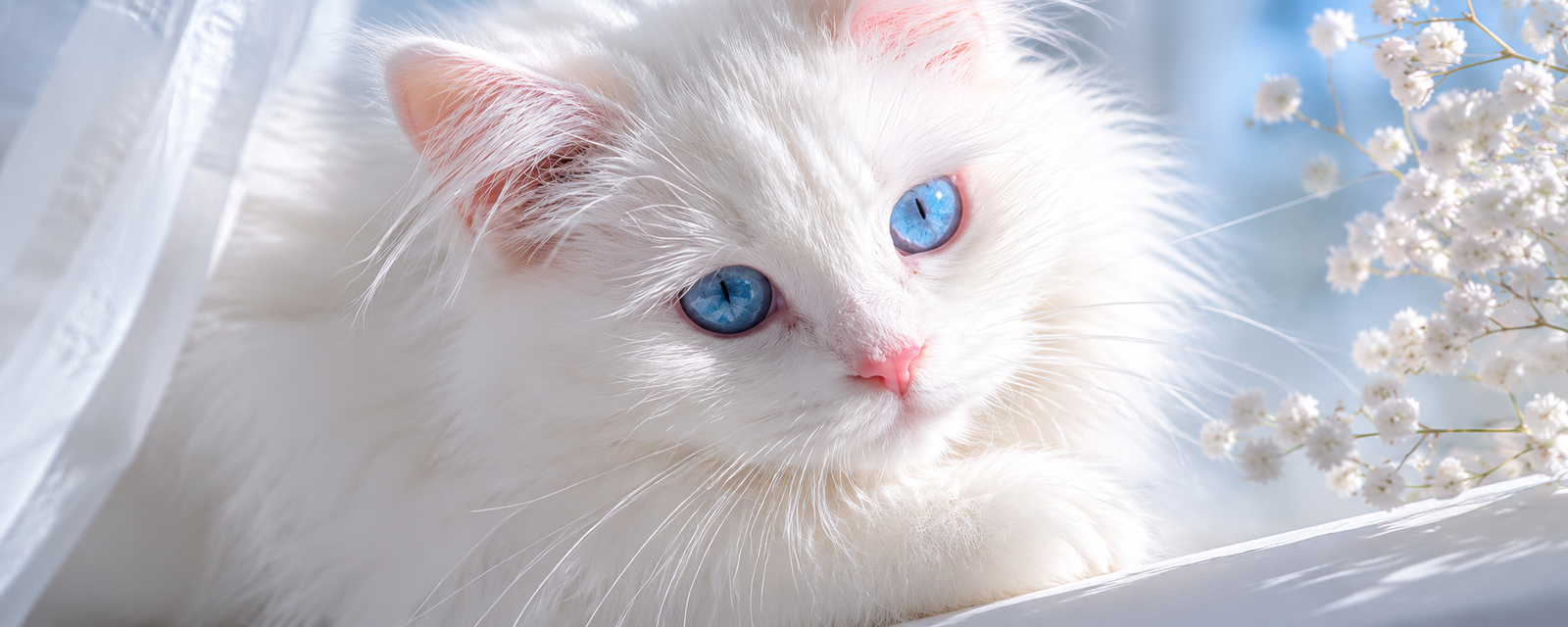 Aura, Chat Sibérien blanc aux yeux bleus de la Chatterie de Nice