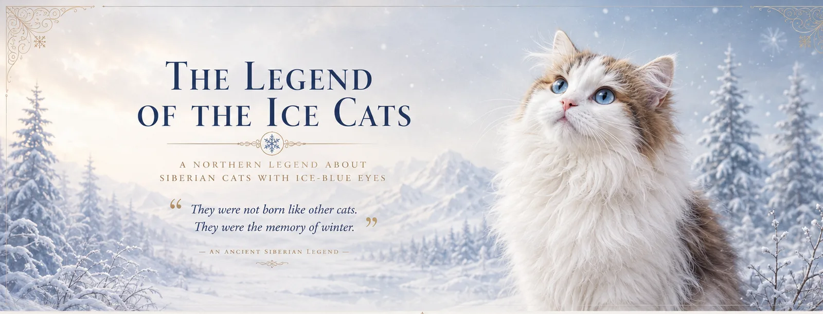 Blue-eyed Siberian cat in a winter landscape — legend of the Ice Cats